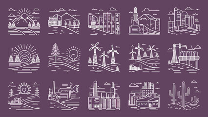 2d vector illustration icon, shape line , architecture factory and town with home 

