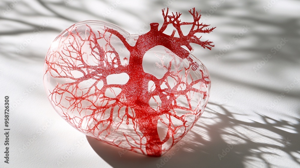 Aufkleber photogram showing the outline of a human heart model casting a detailed shadow on a light-sensitive 