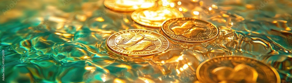 Poster a close-up view of shimmering golden coins resting on a glistening surface, evoking a sense of wealt