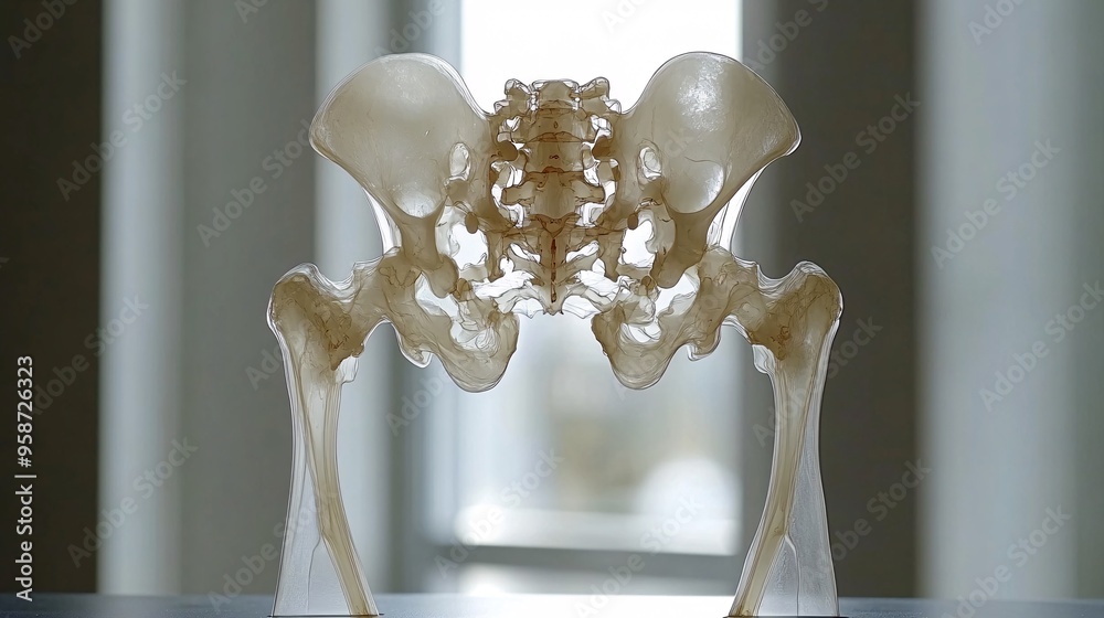Poster Silhouette of a pelvis model on a light-sensitive surface creating a photogram with clear sharp shadows highlighting the bone structure Stock Photo with copy space