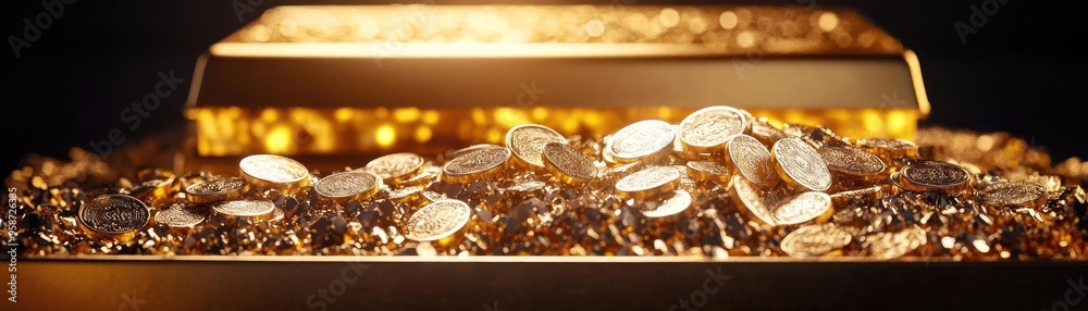 Poster close-up of shining gold bars and coins, symbolizing wealth and prosperity in a luxurious setting wi