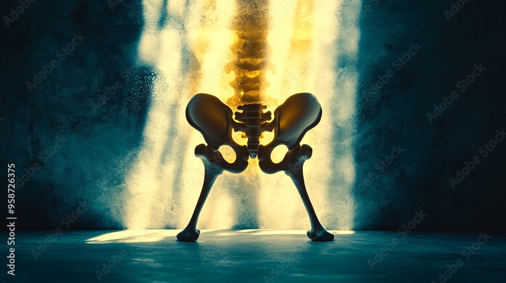 Poster Silhouette of a pelvis model on a light-sensitive surface creating a photogram with clear sharp shadows highlighting the bone structure Stock Photo with copy space