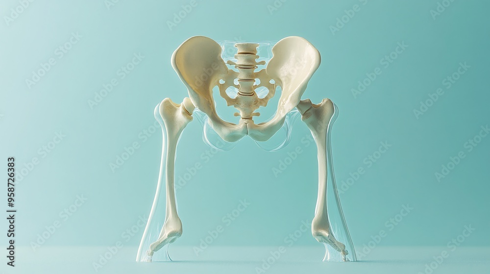 Poster Silhouette of a pelvis model on a light-sensitive surface creating a photogram with clear sharp shadows highlighting the bone structure Stock Photo with copy space