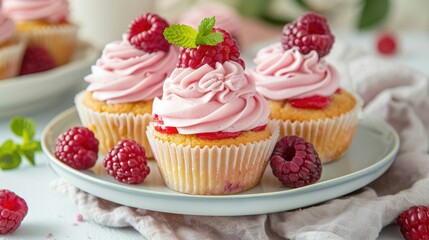 Delicious cup cake with raspberry fruit on table