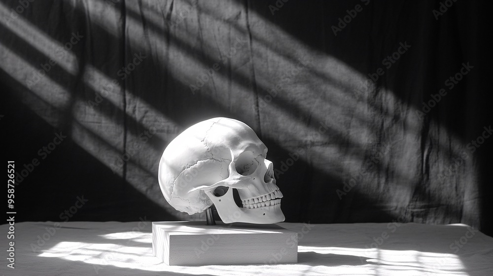 Poster Photogram of a human skull model placed upright creating a strong shadow that emphasizes its shape and structure Stock Photo with copy space