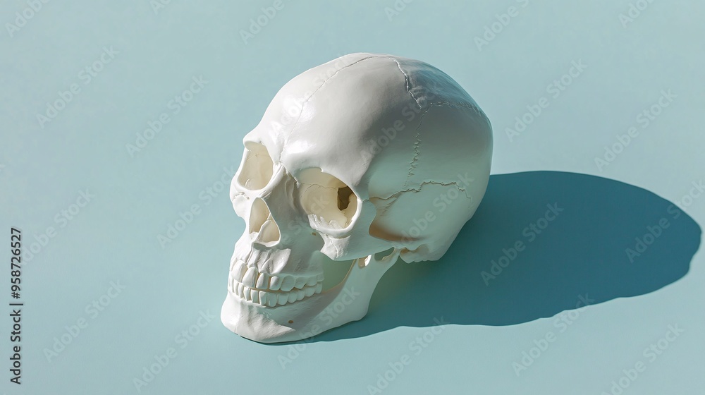 Poster photogram of a human skull model placed upright creating a strong shadow that emphasizes its shape a