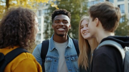 Diverse group of cheerful young students chatting and laughing together on campus, embodying friendship, education, and youthful energy in an autumn setting.