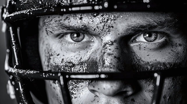 black and white close-up photo of a rugby player's intense gaze through a mud-splattered face guard