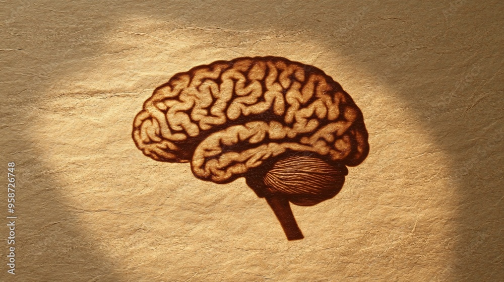 Poster Silhouette of a human brain model laid on a light-sensitive surface creating a photogram with complex shadow patterns Stock Photo with copy space