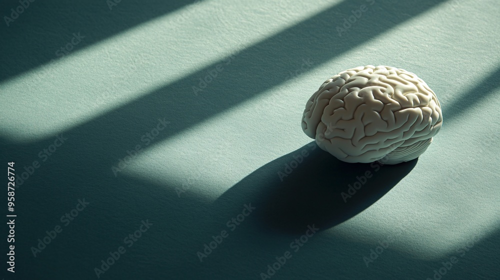 Poster Silhouette of a human brain model laid on a light-sensitive surface creating a photogram with complex shadow patterns Stock Photo with copy space