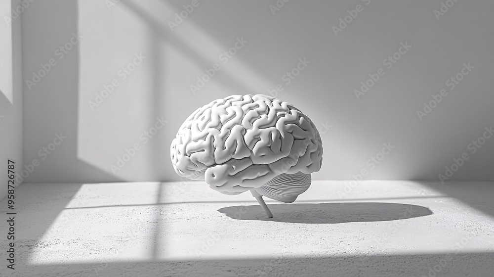 Poster Silhouette of a human brain model laid on a light-sensitive surface creating a photogram with complex shadow patterns Stock Photo with copy space