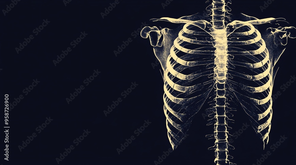 Poster Photogram of a ribcage model with its shadows creating a detailed visual representation of the human chest structure Stock Photo with copy space