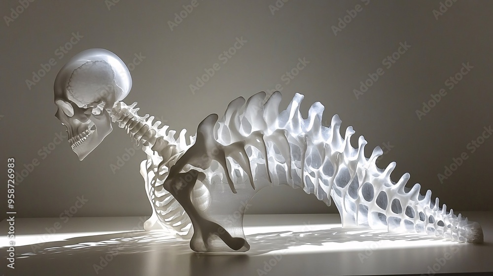 Poster silhouette of a spine and ribcage model arranged on a light-sensitive surface forming a detailed pho