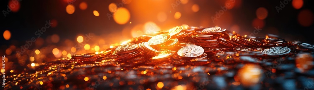 Poster a stunning pile of coins illuminated by warm light, creating an enchanting atmosphere of wealth and 