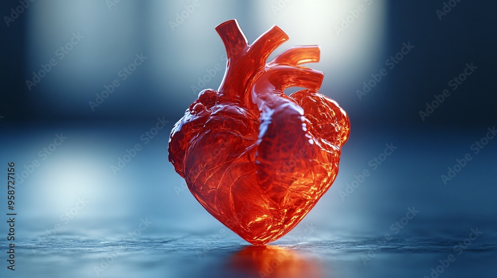 Poster detailed photogram of a human heart model with its shadow highlighting the intricate details of the 