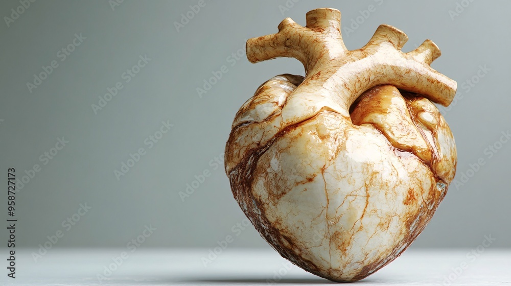 Poster detailed photogram of a human heart model with its shadow highlighting the intricate details of the 