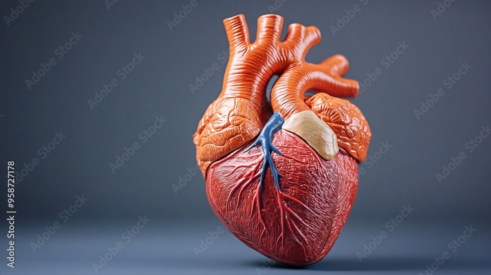 Poster detailed photogram of a human heart model with its shadow highlighting the intricate details of the 