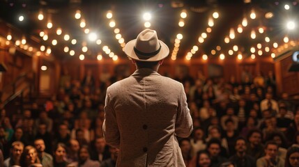 Obraz premium A man stands on stage in front of a crowd of people