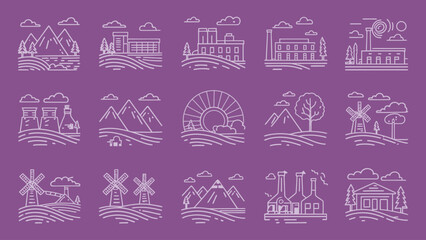 2d vector illustration icon, shape line , architecture factory and town with home 
