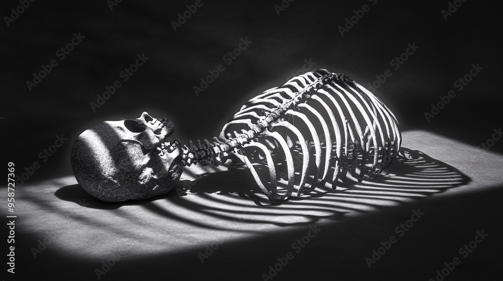 Poster Photogram of a ribcage model placed on a light-sensitive surface casting shadows that emphasize its structure Stock Photo with copy space