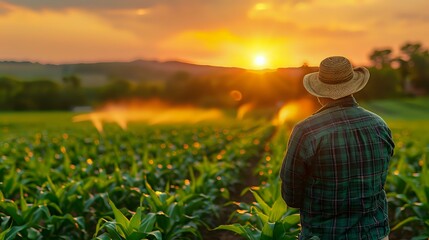 Fototapeta premium A farmer standing in a vast field, looking over his crops at sunset, creating a peaceful and reflective scene. Perfect for agricultural, rural lifestyle, or farming-related projects.