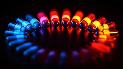 Medicine and Capsules Art with various pills arranged in a circular pattern on a light-sensitive surface creating a detailed photogram Stock Photo with copy space