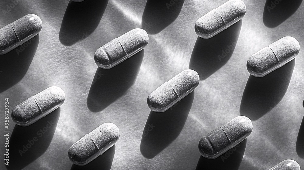 Poster photogram showing the outline of different shaped capsules laid out in a random pattern casting clea
