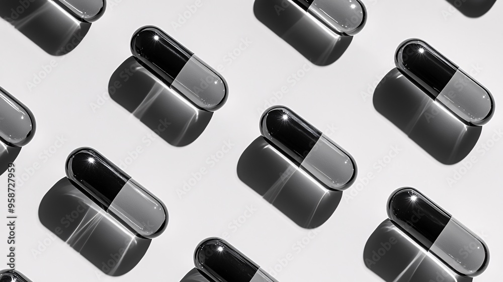 Poster Photogram showing the outline of different shaped capsules laid out in a random pattern casting clear shadows Stock Photo with copy space