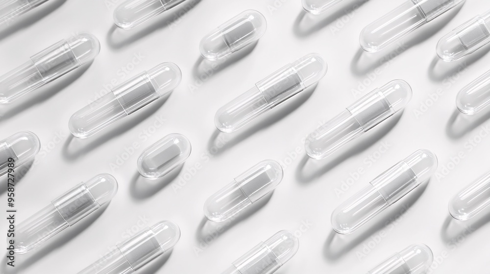 Aufkleber Photogram showing the outline of different shaped capsules laid out in a random pattern casting clear shadows Stock Photo with copy space