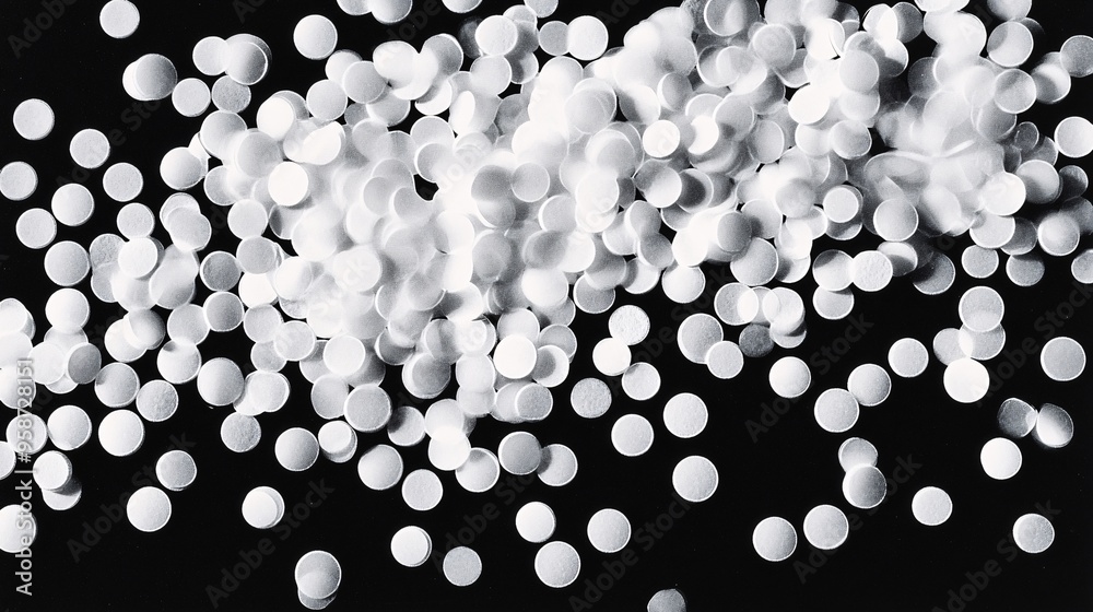 Poster Detailed photogram of a handful of pills scattered across a light-sensitive surface creating random shadow patterns Stock Photo with copy space
