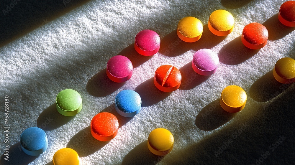 Aufkleber Detailed photogram of a handful of pills scattered across a light-sensitive surface creating random shadow patterns Stock Photo with copy space