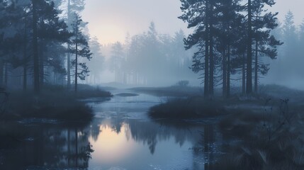 Fototapeta premium A serene watercolor painting depicting a misty forest and tranquil river in complete isolation from human influence.