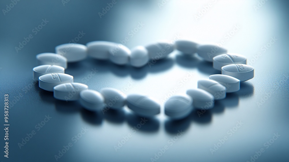 Poster Photogram of capsules arranged to form a heart shape casting detailed shadows on a light-sensitive surface Stock Photo with copy space
