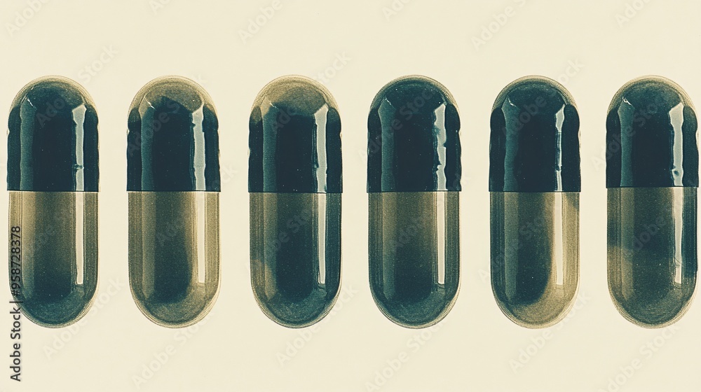 Poster Silhouette of pills and capsules arranged in a line on a light-sensitive surface creating a photogram with strong contrast Stock Photo with copy space