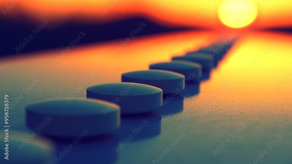 Poster Silhouette of pills and capsules arranged in a line on a light-sensitive surface creating a photogram with strong contrast Stock Photo with copy space