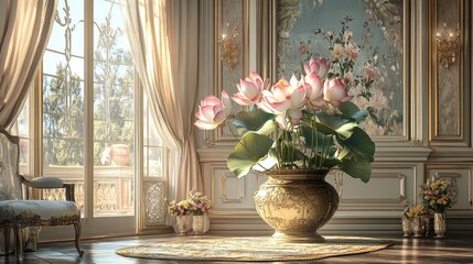 Fototapeta premium Beautiful lotuses in a big vase, adorning a luxurious room with sophisticated decor and a realistic, elegant background