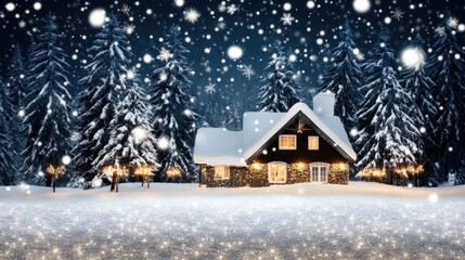 A charming house is nestled in a snowy landscape, embraced by towering pine trees. Twinkling lights illuminate the scene as snowflakes drift gently from the sky