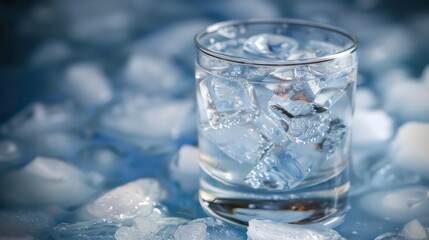A glass of water with ice cubes on a bed of ice.