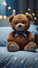 Obraz premium A teddy bear is sitting on a bed with a blue sheet.