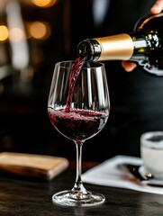Pouring rich red wine into an elegant glass during a sophisticated evening setting at a restaurant