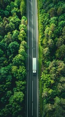 Aerial view of a long, straight highway cutting through dense green forest, with a single white truck traversing the asphalt ribbon amid nature.