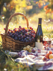 A wicker basket overflowing with fresh grapes beside a bottle of wine and a glass on a blanket in a sunlit vineyard during autumn