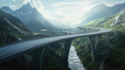 Obraz premium Beautiful road bridges at various levels, set against a realistic background of mountains and rivers, creating a striking visual