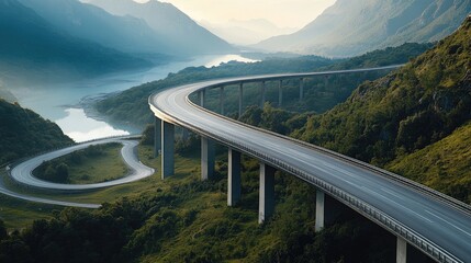 Obraz premium Beautiful road bridges at various levels, set against a realistic background of mountains and rivers, creating a striking visual