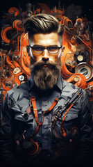 Obraz premium A bearded man on an intricate mechanical backdrop illuminated by warm light, exuding a sense of steampunk aesthetic.