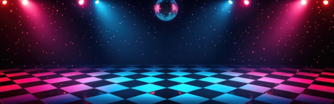 A colorful banner showcasing a disco ball over a checkered dance floor with illuminating spotlights