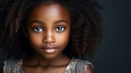 Fototapeta premium Portrait of smiling cute African American child girl with perfect skin, gray background, banner.