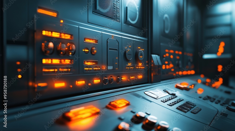 Poster the image shows a sophisticated control panel in a high-tech security room, featuring illuminated st
