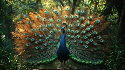 Obraz premium Close-up of a peacock's mesmerizing feathers, with intricate patterns and vibrant colors, set against a realistic forest background
