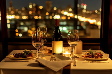 Obraz premium Romantic dinner setting with elegant tableware and city skyline at night, featuring wine and gourmet dishes